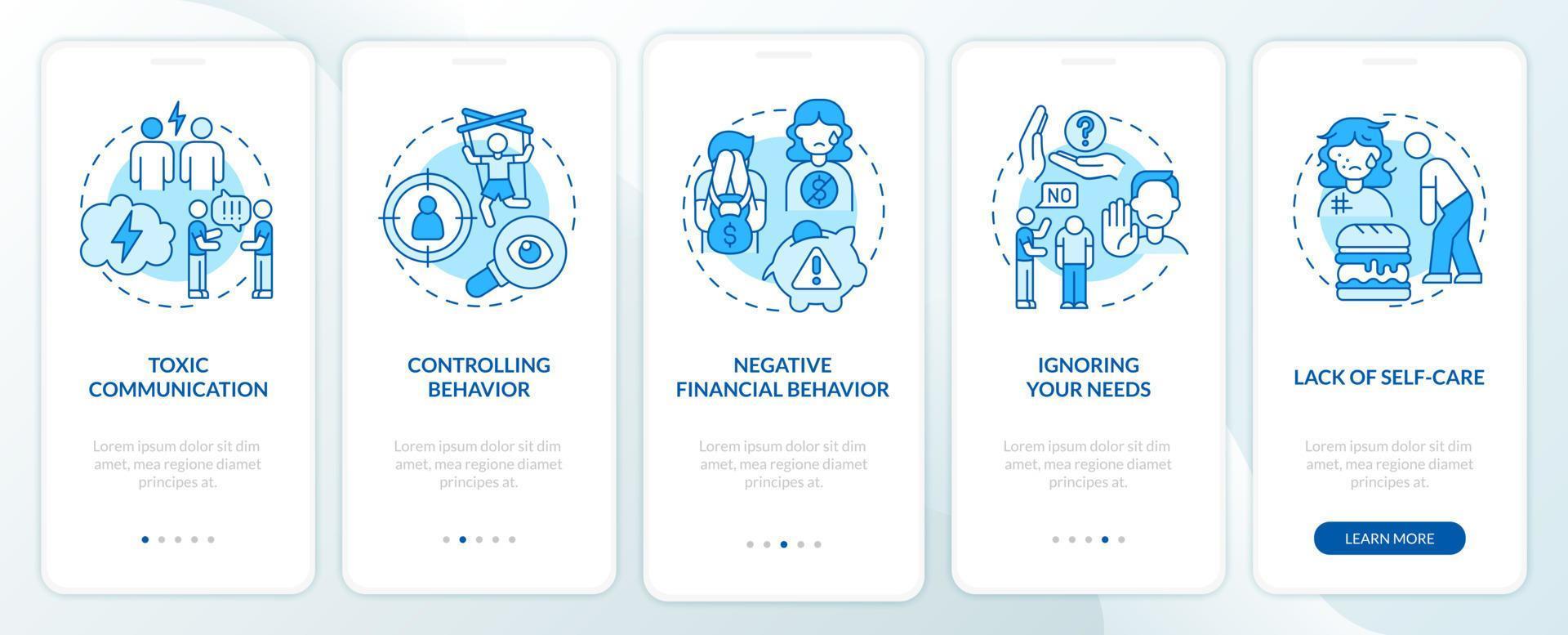 Signs of abusive relationships onboarding mobile app page screen. Lack of self-care walkthrough 5 steps graphic instructions with concepts. UI, UX, GUI vector template with linear color illustrations