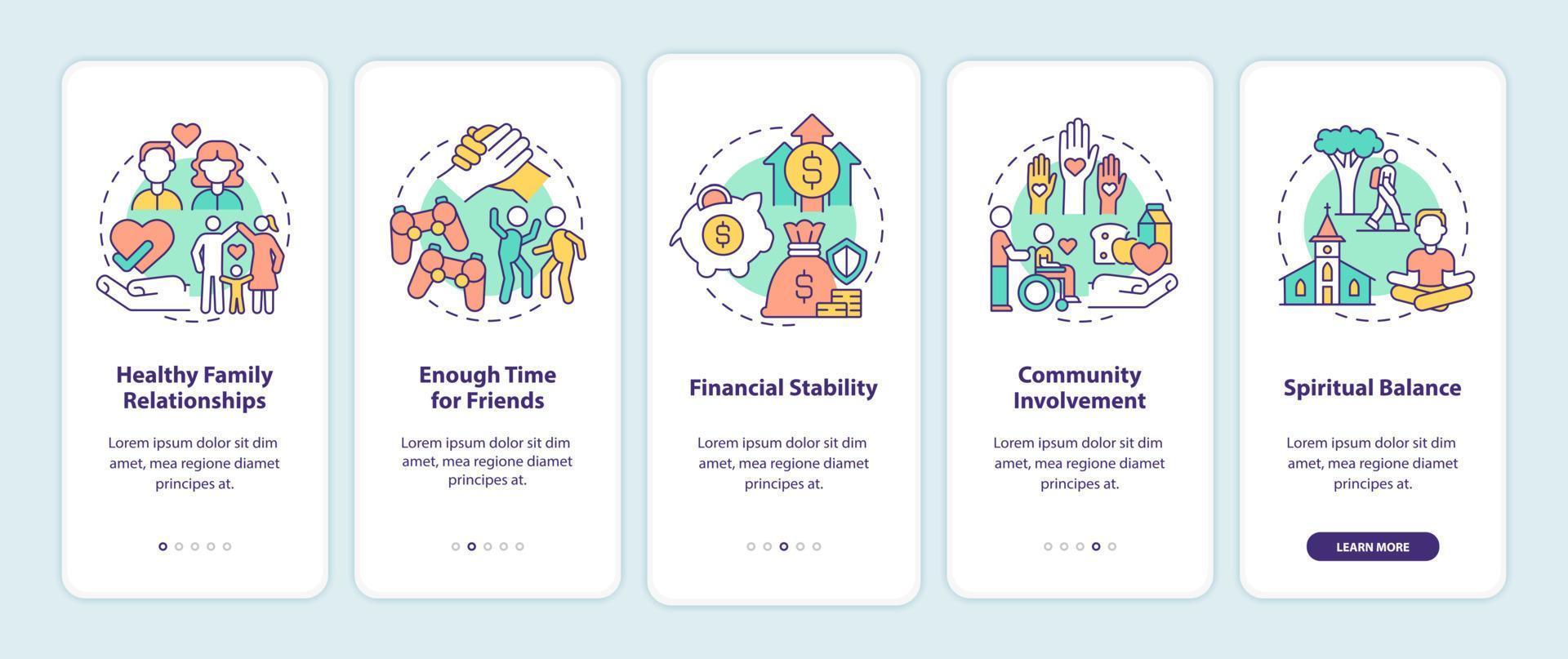 Signs of balanced life onboarding mobile app screen. Happiness walkthrough 5 steps graphic instructions pages with linear concepts. UI, UX, GUI template. Myriad Pro-Bold, Regular fonts used vector