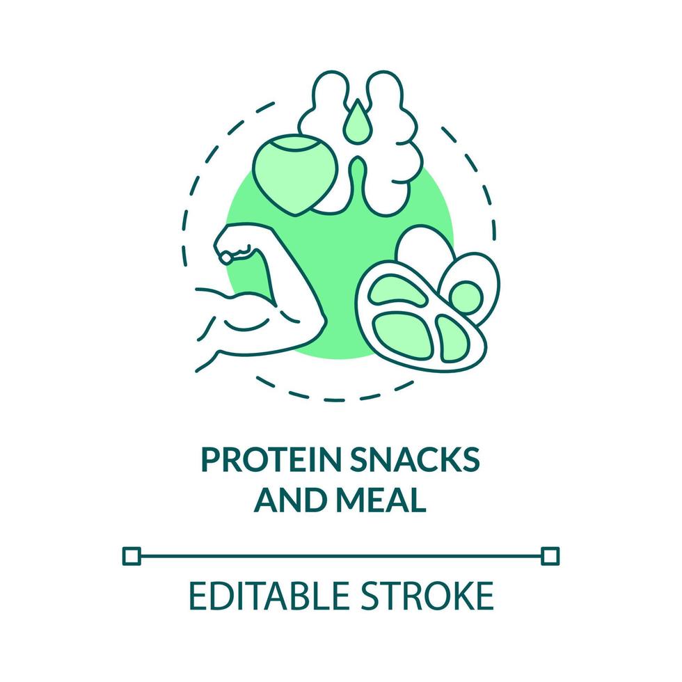 Protein snacks and meal green concept icon. Healthy food for fitness abstract idea thin line illustration. Isolated outline drawing. Editable stroke. Roboto-Medium, Myriad Pro-Bold fonts used vector