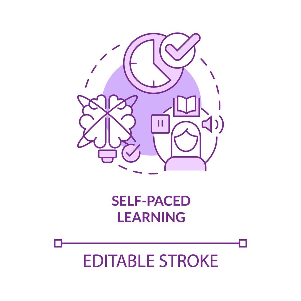 Self paced learning purple concept icon. Own time and schedule. Elearning abstract idea thin line illustration. Isolated outline drawing. Editable stroke. Roboto-Medium, Myriad Pro-Bold fonts used vector