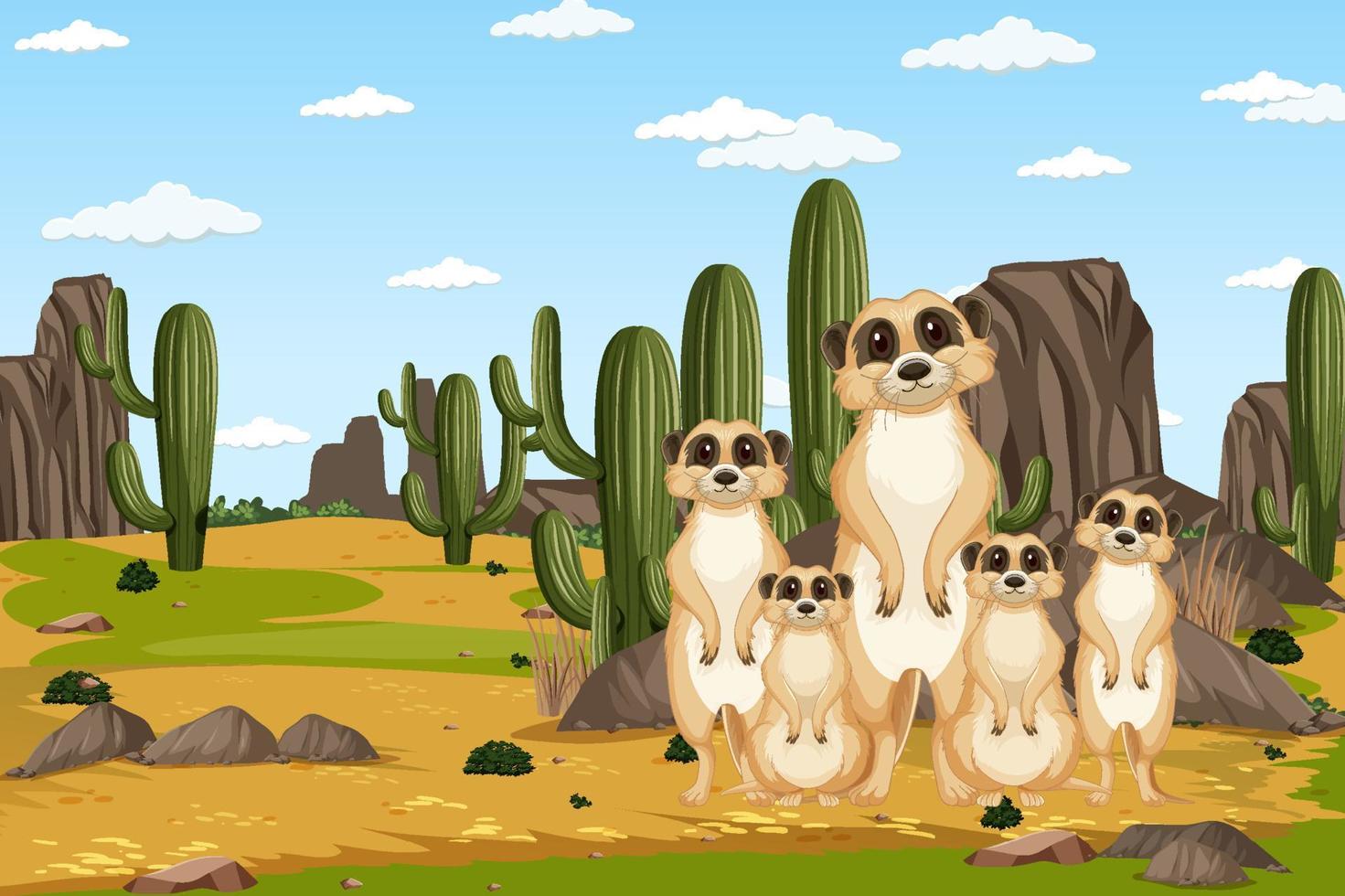 Fondo del desierto con un grupo de suricatas. vector