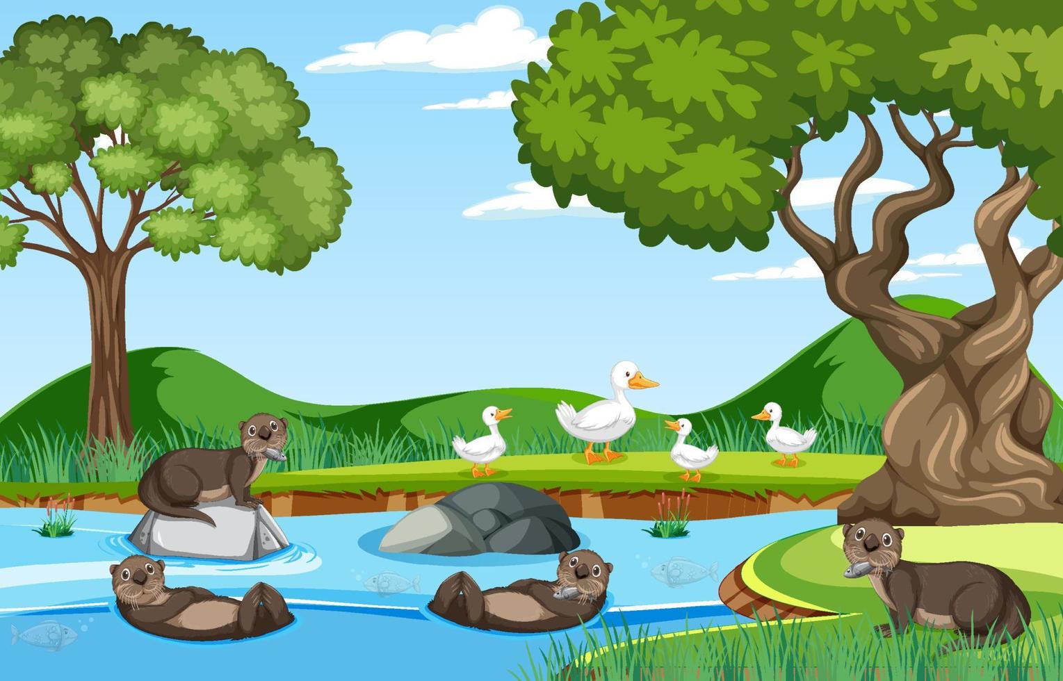 río en el bosque con nutrias y patos. vector