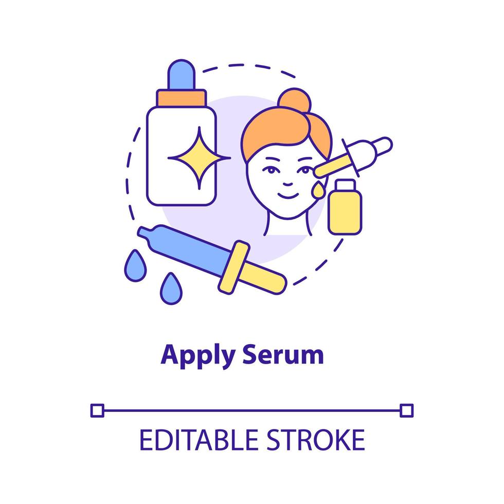 Apply serum concept icon. Skincare routine product. Everyday beauty procedure abstract idea thin line illustration. Isolated outline drawing. Editable stroke. Roboto-Medium, Myriad Pro-Bold fonts used vector