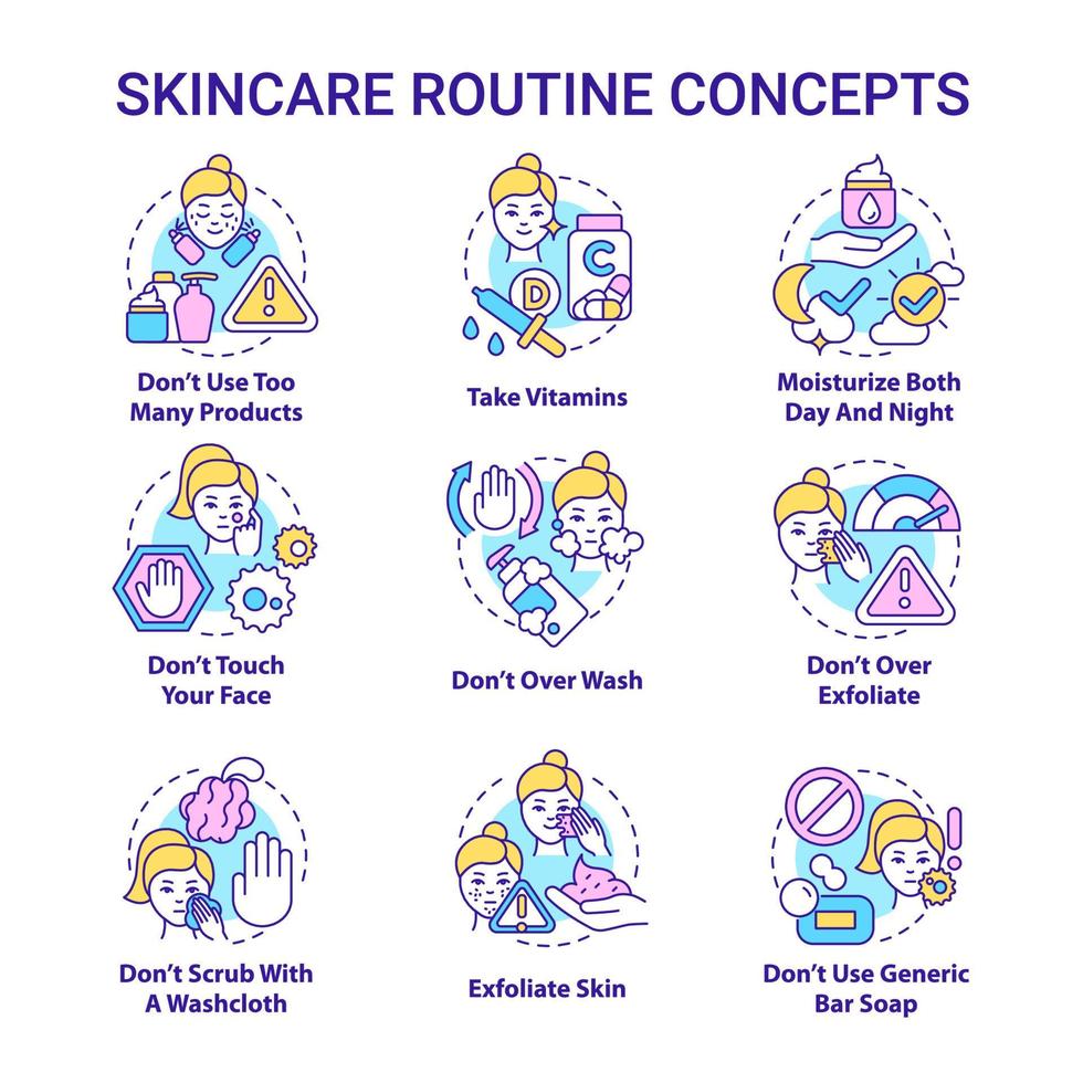 Skincare routine concept icons set. Cosmetological procedures for face. Beauty lifestyle idea thin line color illustrations. Isolated outline drawings. Roboto-Medium, Myriad Pro-Bold fonts used vector