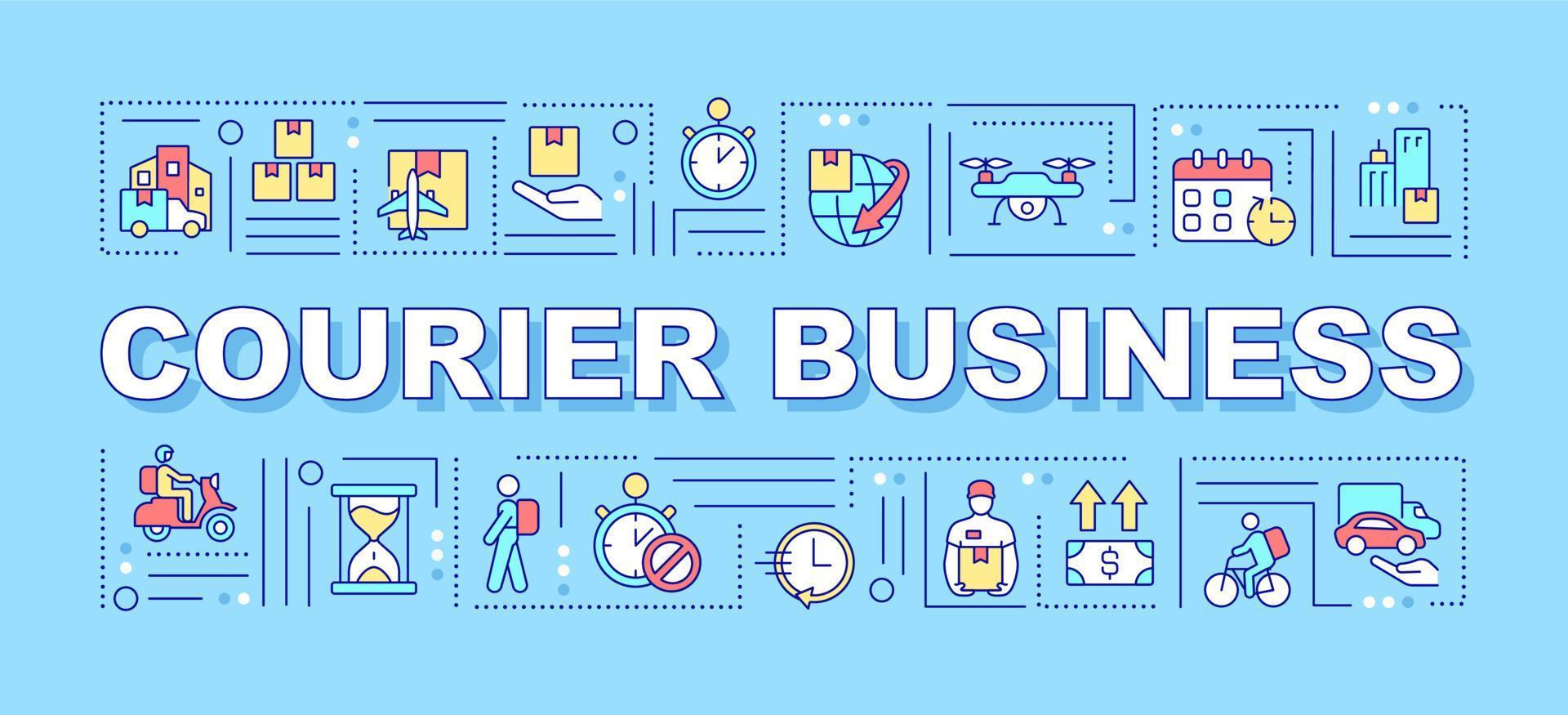 Courier business linear icons on turquoise background. Delivery service. Infographics with linear icons on background. Isolated typography. Vector color illustration with text. Arial-Black font used
