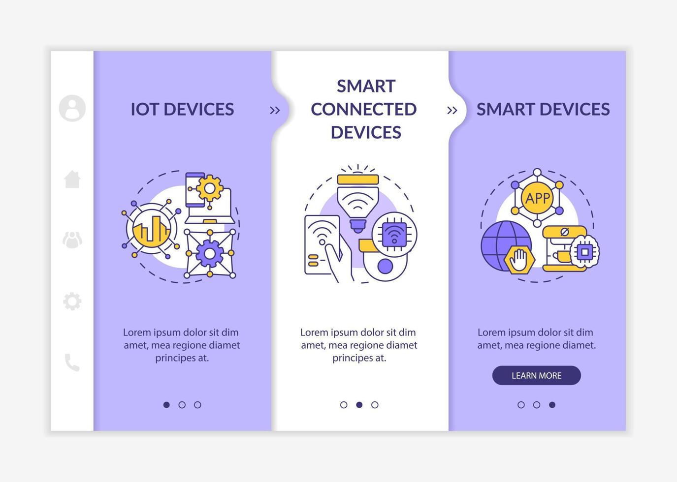 Smart technology products purple and white onboarding template. Connection. Responsive mobile website with linear concept icons. Web page walkthrough 3 step screens. Lato-Bold, Regular fonts used vector