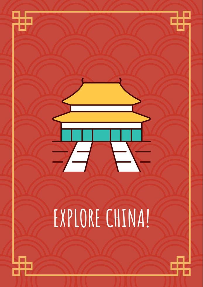 Explore China greeting card with color icon element set. Send travel card. Postcard vector design. Decorative flyer with creative illustration. Notecard with congratulatory message on red