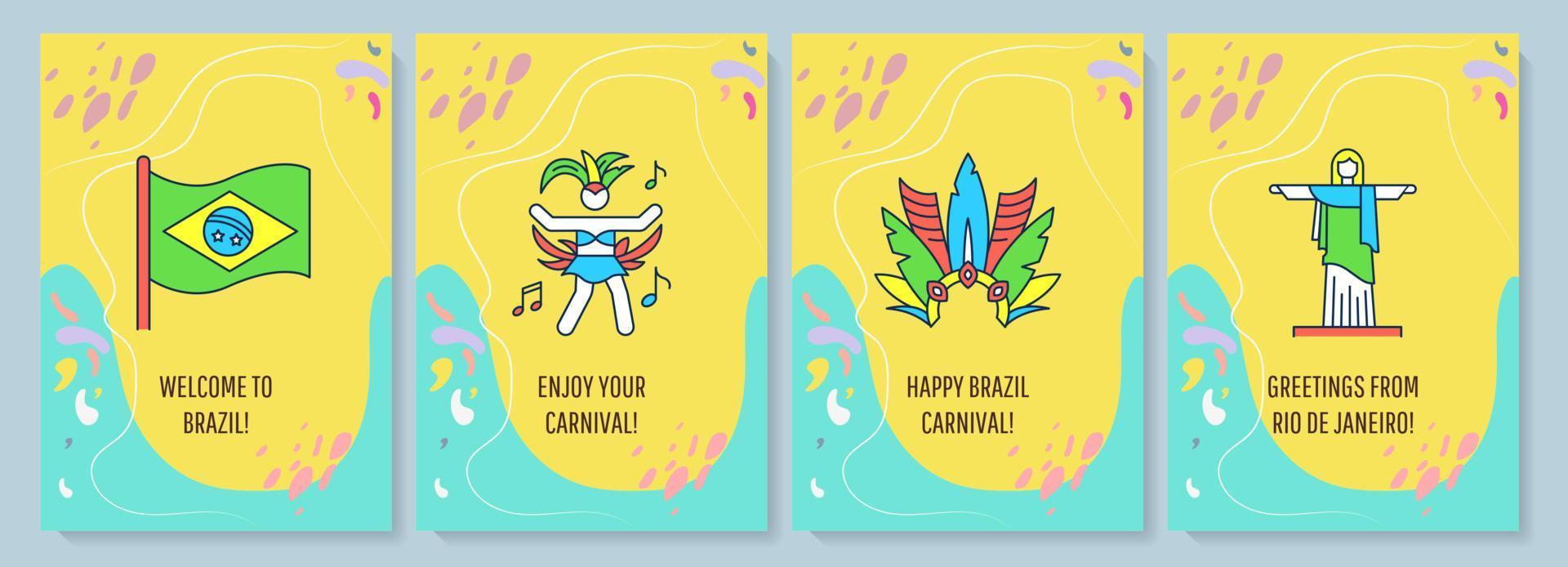 tarjeta de felicitación de brasil con conjunto de elementos de icono de color. enviando amor desde el extranjero. diseño vectorial de postal. volante decorativo con ilustración creativa. notecard con mensaje de felicitación en amarillo vector