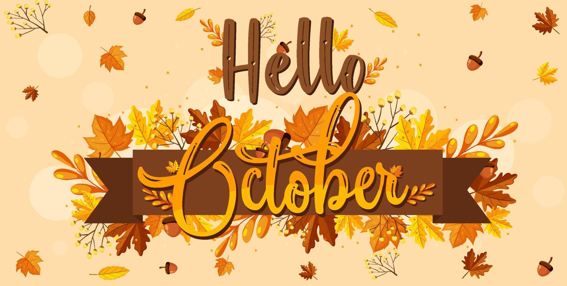 Hello October logo with ornamental autumn leaf vector