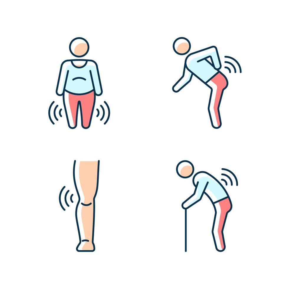 Elderly patients with arthritis RGB color icons set. Body weight. Back rheumatism. Joint damage in children. Autoimmune condition. Isolated vector illustrations. Simple filled line drawings collection