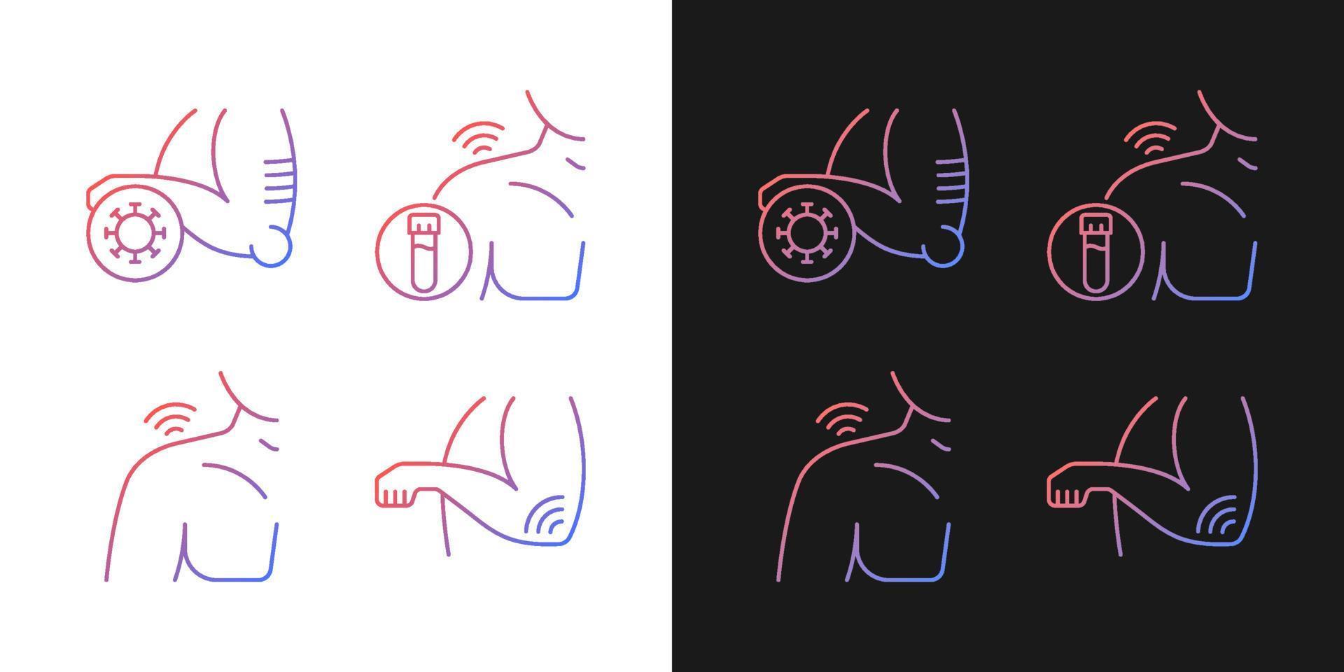 Shoulder and elbow pain gradient icons set for dark and light mode. Autoimmune condition. Thin line contour symbols bundle. Isolated vector outline illustrations collection on black and white