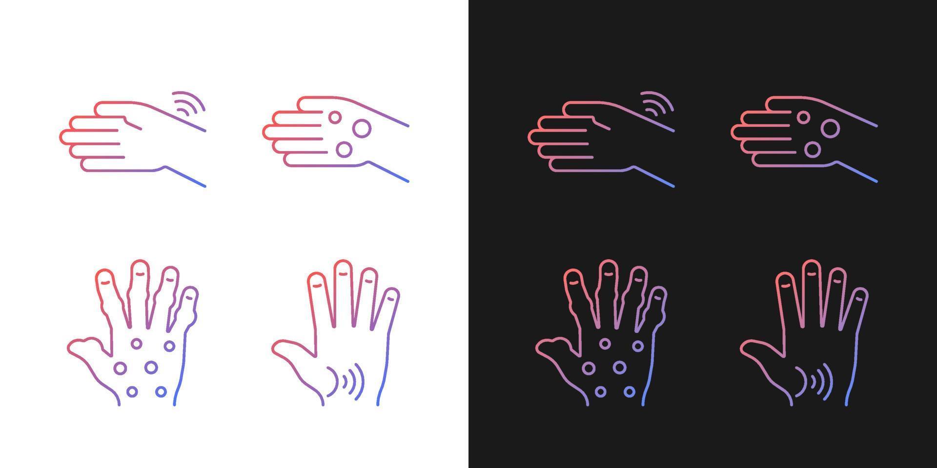 Arthritis in hands gradient icons set for dark and light mode. Wrists rheumatism. Osteoarthritis. Thin line contour symbols bundle. Isolated vector outline illustrations collection on black and white