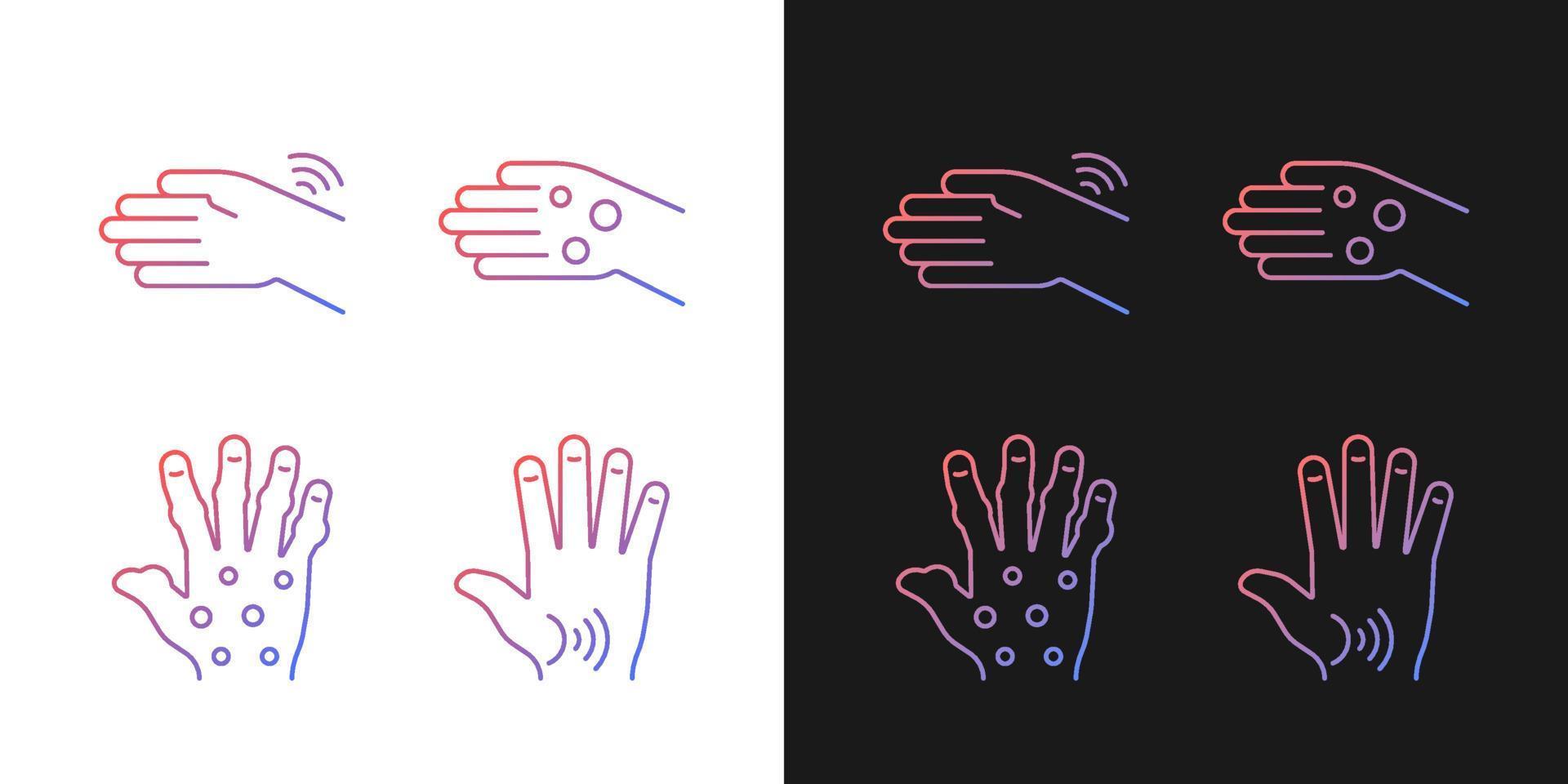 Arthritis in hands gradient icons set for dark and light mode. Wrists rheumatism. Osteoarthritis. Thin line contour symbols bundle. Isolated vector outline illustrations collection on black and white