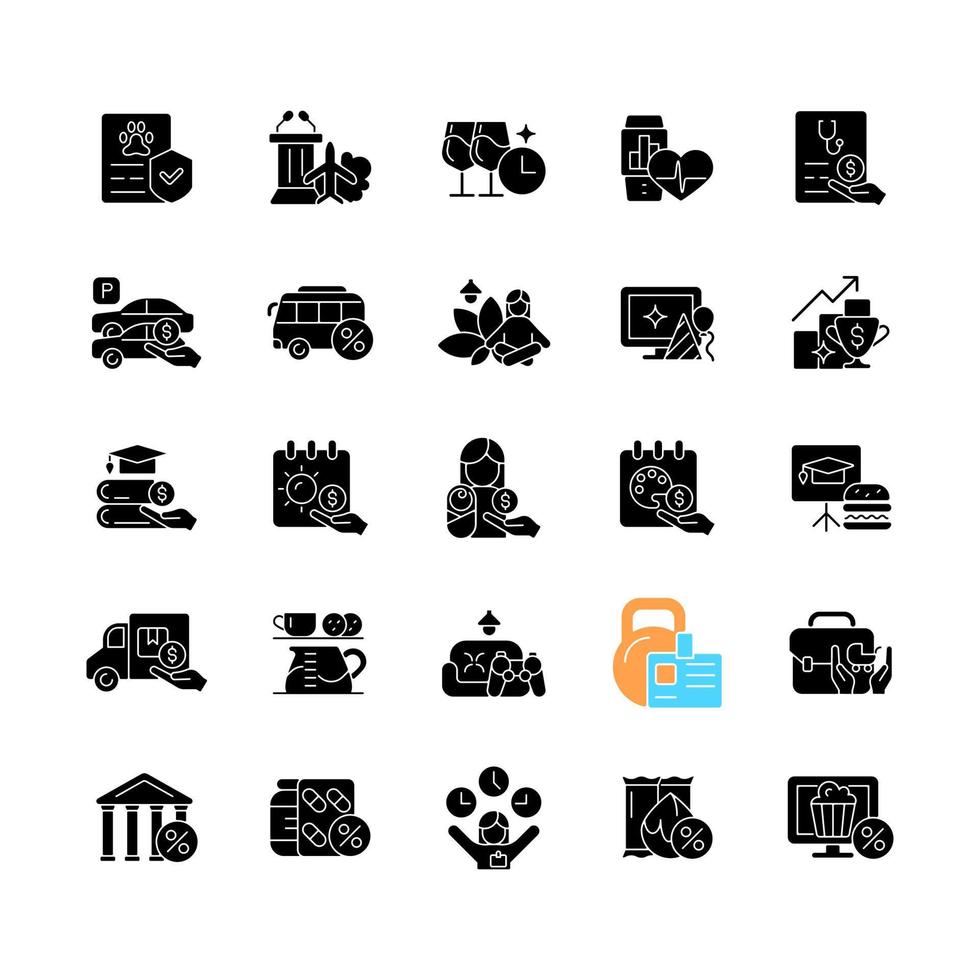 Employee perks and bonuses black glyph icons set on white space. Workplace benefits. Enhancing worker experience. Performance awards. Special payment. Silhouette symbols. Vector isolated illustration