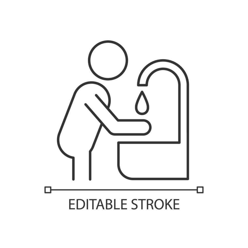 Wash hands linear icon. Protection measure during epidemic. Healthy habit. Personal hygiene. Thin line customizable illustration. Contour symbol. Vector isolated outline drawing. Editable stroke