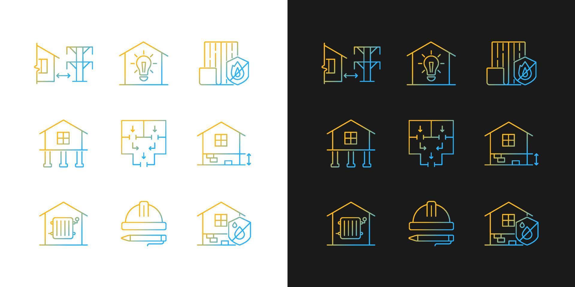 Building safety regulations gradient icons set for dark and light mode. Adequate housing. Thin line contour symbols bundle. Isolated vector outline illustrations collection on black and white