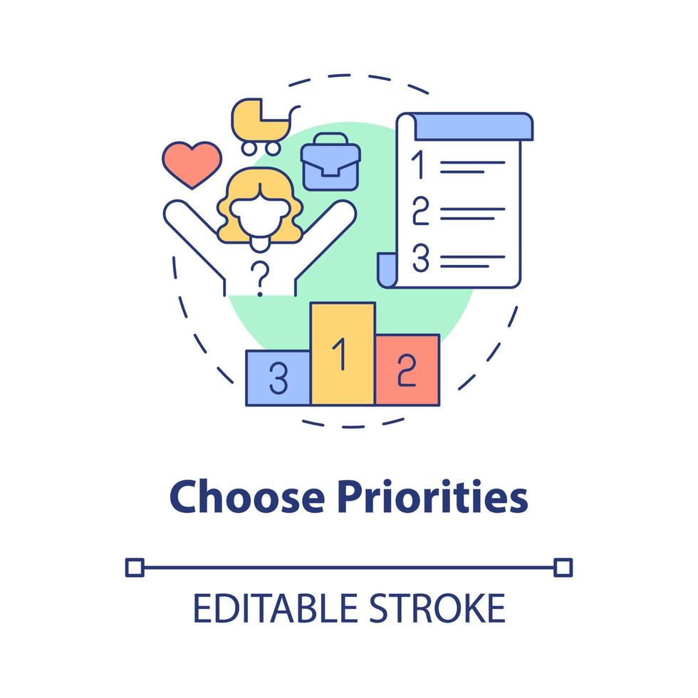 Choose priorities concept icon. Balanced lifestyle planning abstract idea thin line illustration. Isolated outline drawing. Editable stroke. Roboto-Medium, Myriad Pro-Bold fonts used vector