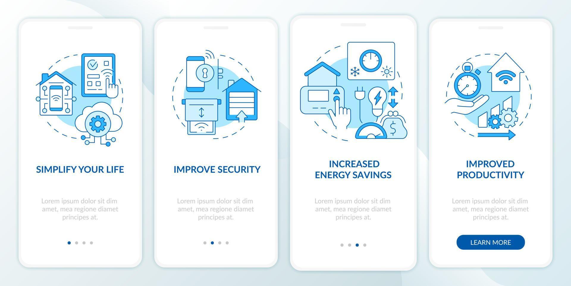 Reasons for home automation blue onboarding mobile app screen. Walkthrough 4 steps graphic instructions pages with linear concepts. UI, UX, GUI template. Myriad Pro-Bold, Regular fonts used vector