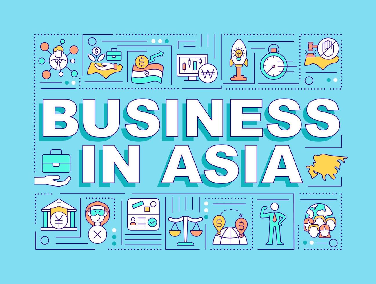 Business in Asia word concepts turquoise banner. Entrepreneurship. Infographics with linear icons on background. Isolated typography. Vector outline color illustration with text. Arial-Black font used