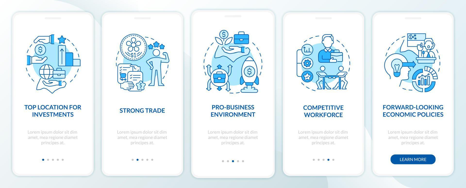 Business-friendly Singapore blue onboarding mobile app screen. Walkthrough 5 steps graphic instructions pages with linear concepts. UI, UX, GUI template. Myriad Pro-Bold, Regular fonts used vector