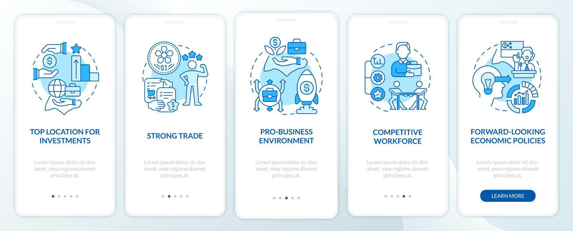 pantalla de la aplicación móvil de incorporación azul de singapur, ideal para empresas. tutorial 5 pasos páginas de instrucciones gráficas con conceptos lineales. interfaz de usuario, ux, plantilla de interfaz gráfica de usuario. innumerables fuentes pro-negrita y regulares utilizadas vector