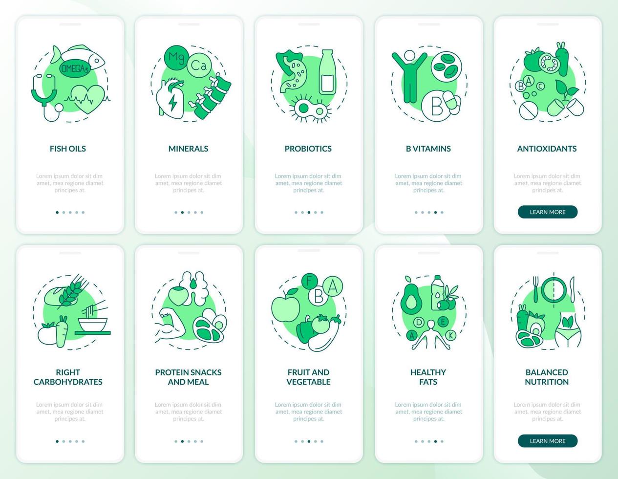 Fit meals and supplements green onboarding mobile app screen set. Life walkthrough 5 steps graphic instructions pages with linear concepts. UI, UX, GUI template. Myriad Pro-Bold, Regular fonts used vector