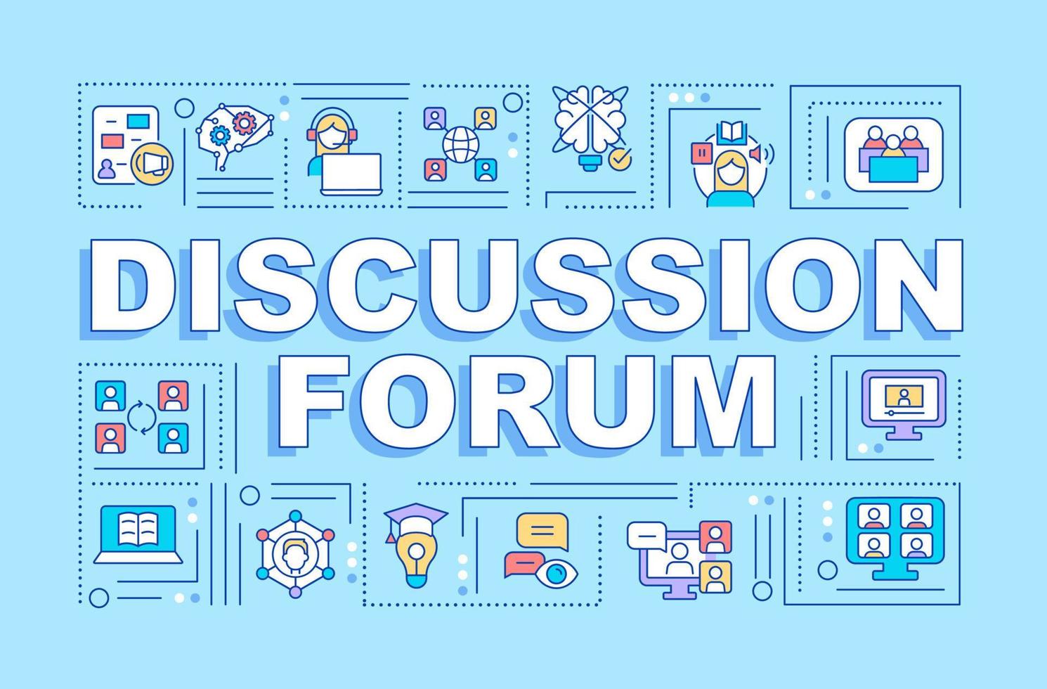 Discussion forum word concepts blue banner. Elearning. Infographics with linear icons on background. Isolated typography. Vector color illustration with text. Arial-Black font used