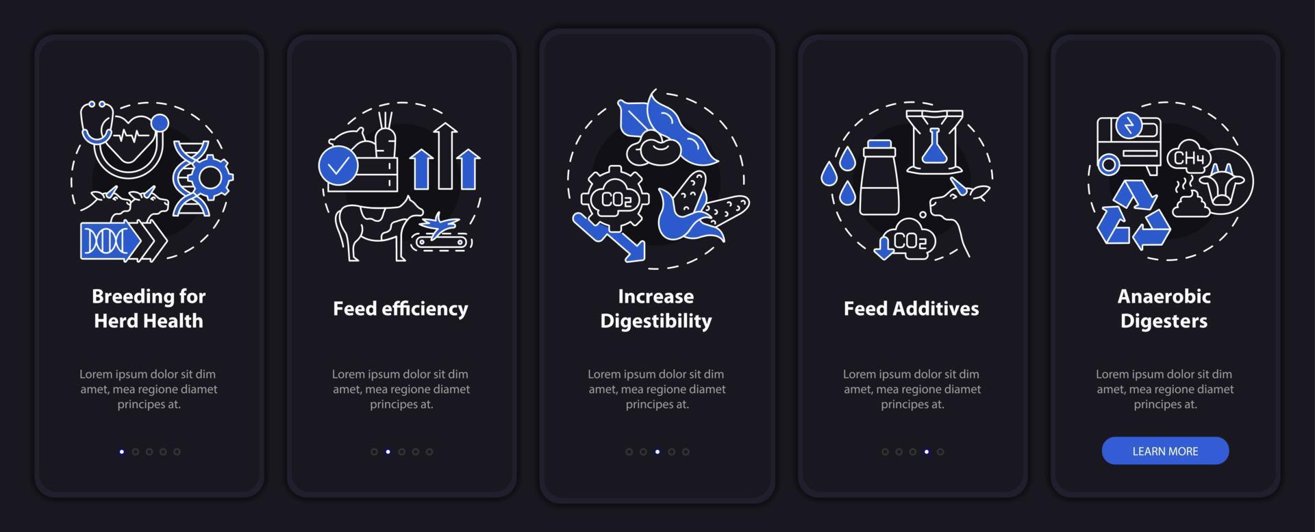 pantalla de aplicación móvil de incorporación de modo nocturno de agricultura animal. tutorial 5 pasos páginas de instrucciones gráficas con conceptos lineales. interfaz de usuario, ux, plantilla de interfaz gráfica de usuario. innumerables fuentes pro-negrita y regulares utilizadas vector