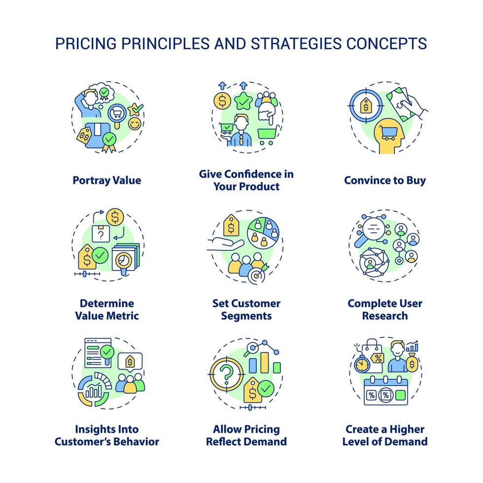 Pricing principles and strategies concept icons set. Portray value idea thin line color illustrations. Isolated outline drawings. Editable stroke. Roboto-Medium, Myriad Pro-Bold fonts used vector