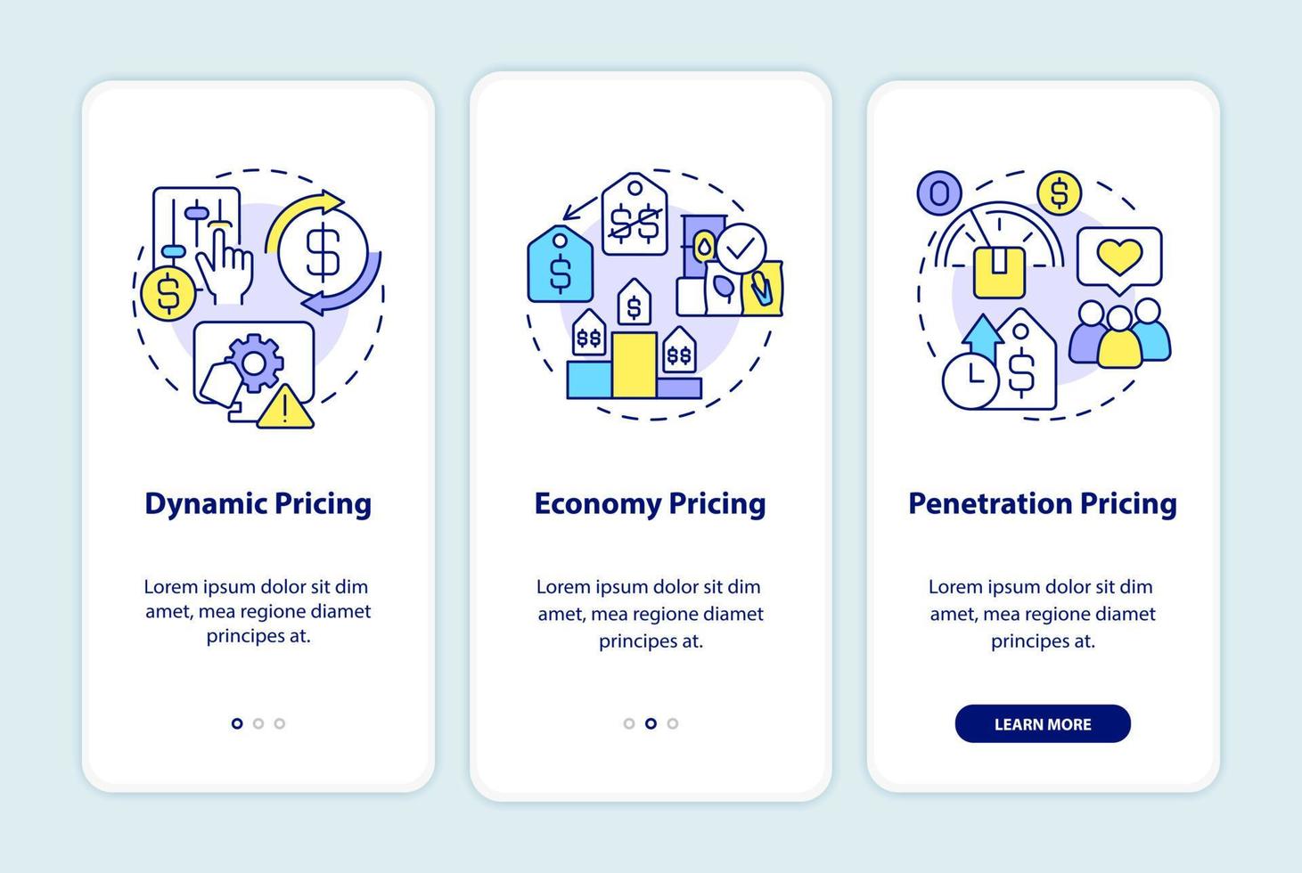 General pricing strategies onboarding mobile app screen. Economy, dynamic walkthrough 3 steps graphic instructions pages with linear concepts. UI, UX, GUI template. Myriad Pro-Bold, Regular fonts used vector