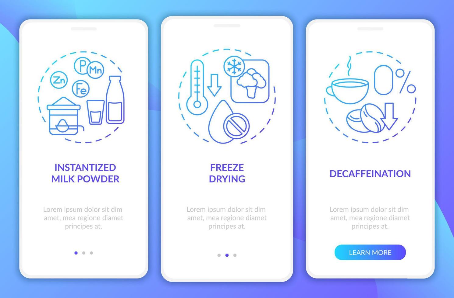 Food technology blue gradient onboarding mobile app screen. Processing walkthrough 3 steps graphic instructions pages with linear concepts. UI, UX, GUI template. Myriad Pro-Bold, Regular fonts used vector