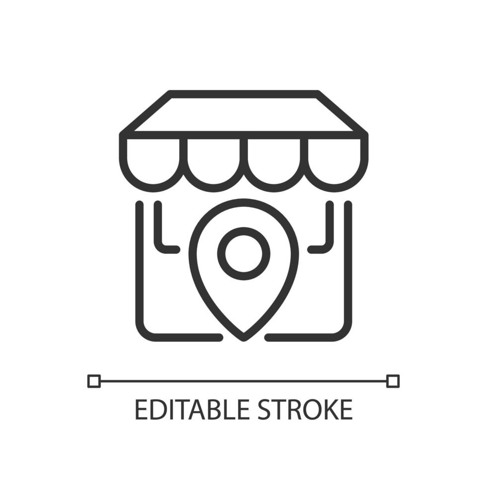 Store location pixel perfect linear icon. Physical shop position. Website information. Market address. Thin line illustration. Contour symbol. Vector outline drawing. Editable stroke. Arial font used