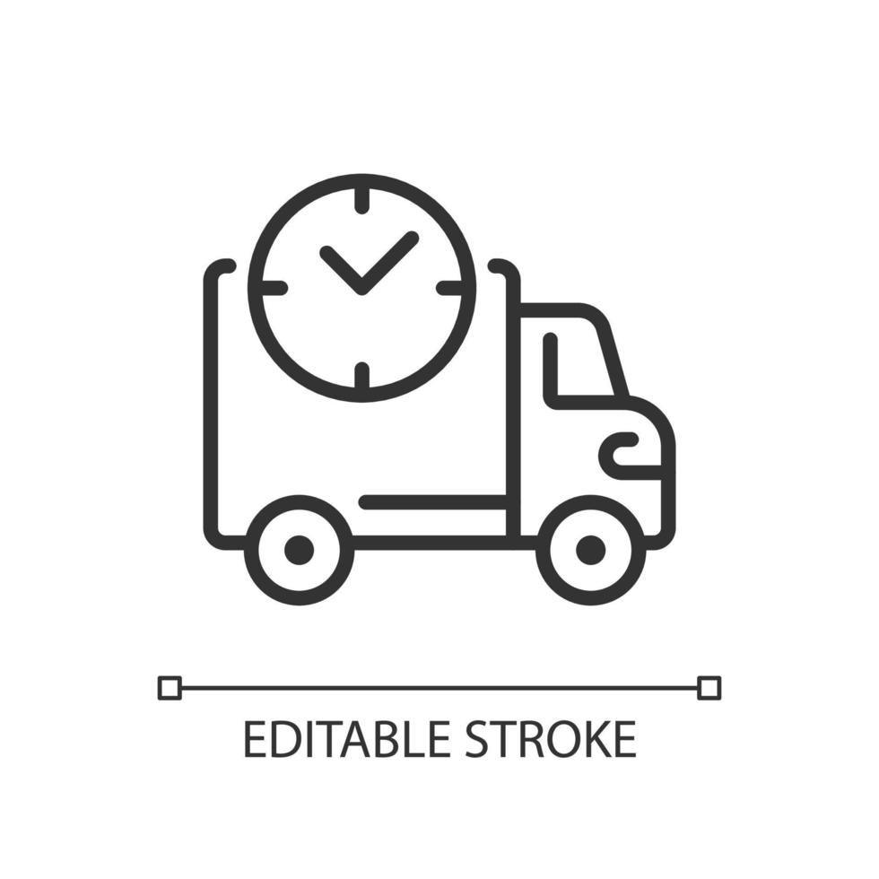 Shipping time pixel perfect linear icon. Delivery service information. Online shopping. Thin line illustration. Contour symbol. Vector outline drawing. Editable stroke. Arial font used