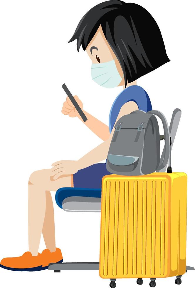 Side view of woman wearing mask using mobile phone vector