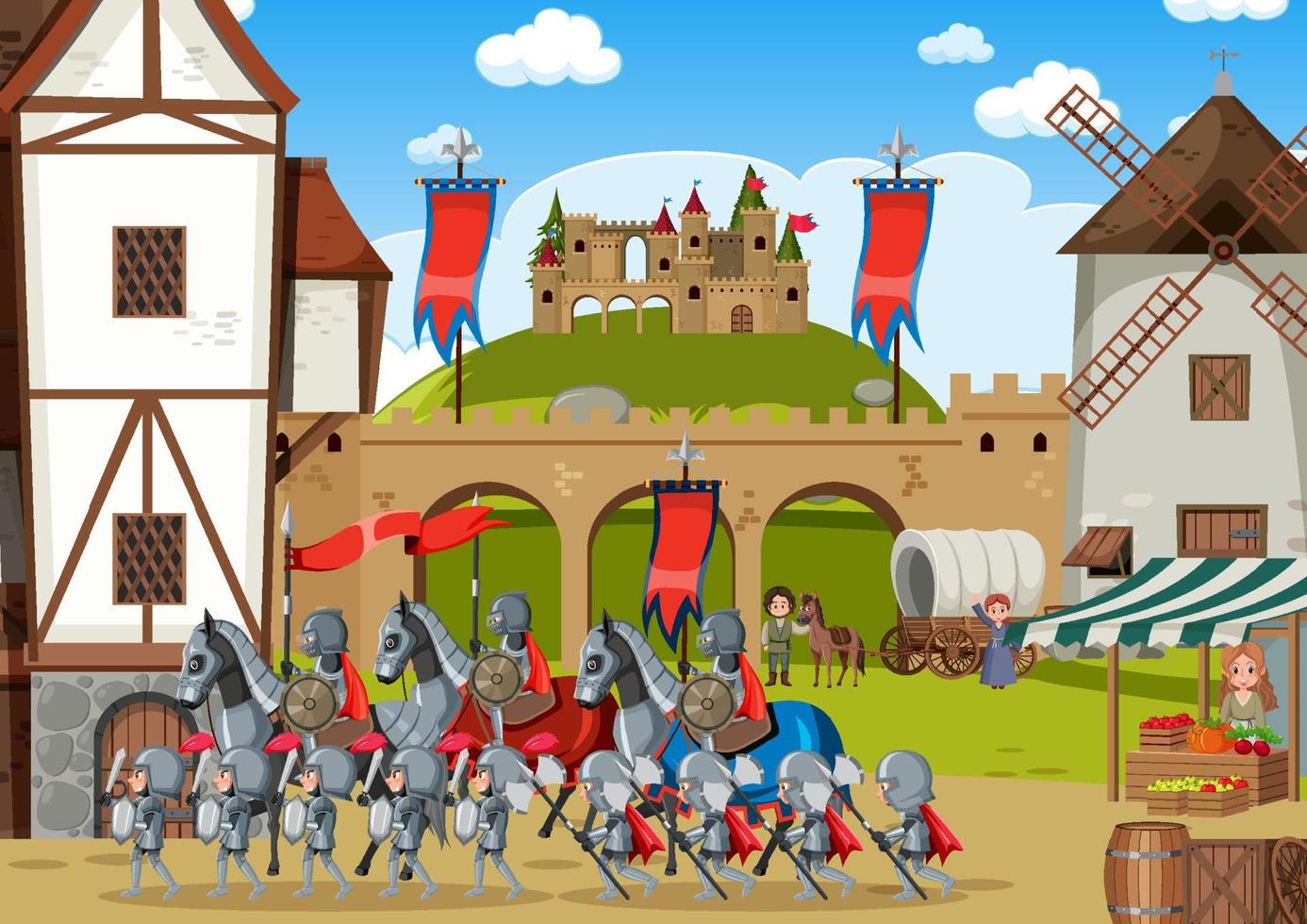 escena al aire libre con ejército medieval vector