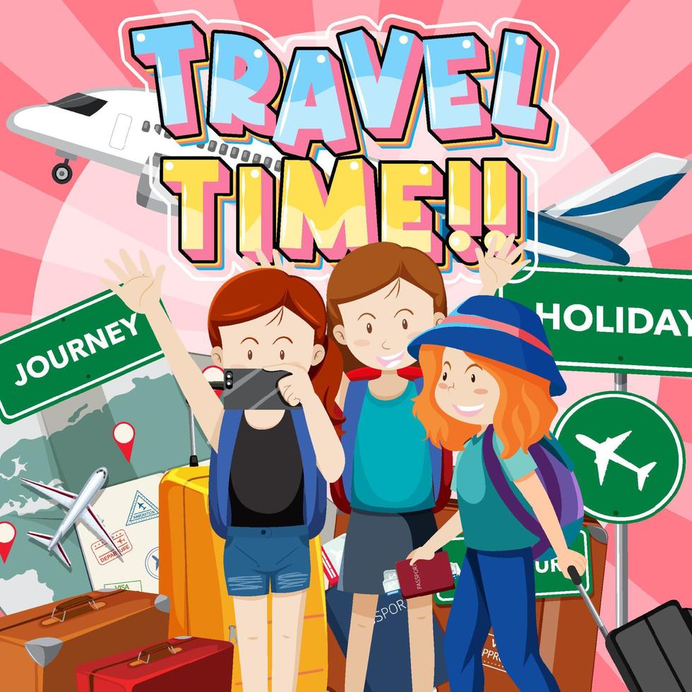 cartel de tiempo de viaje con grupo de viajeros de dibujos animados vector