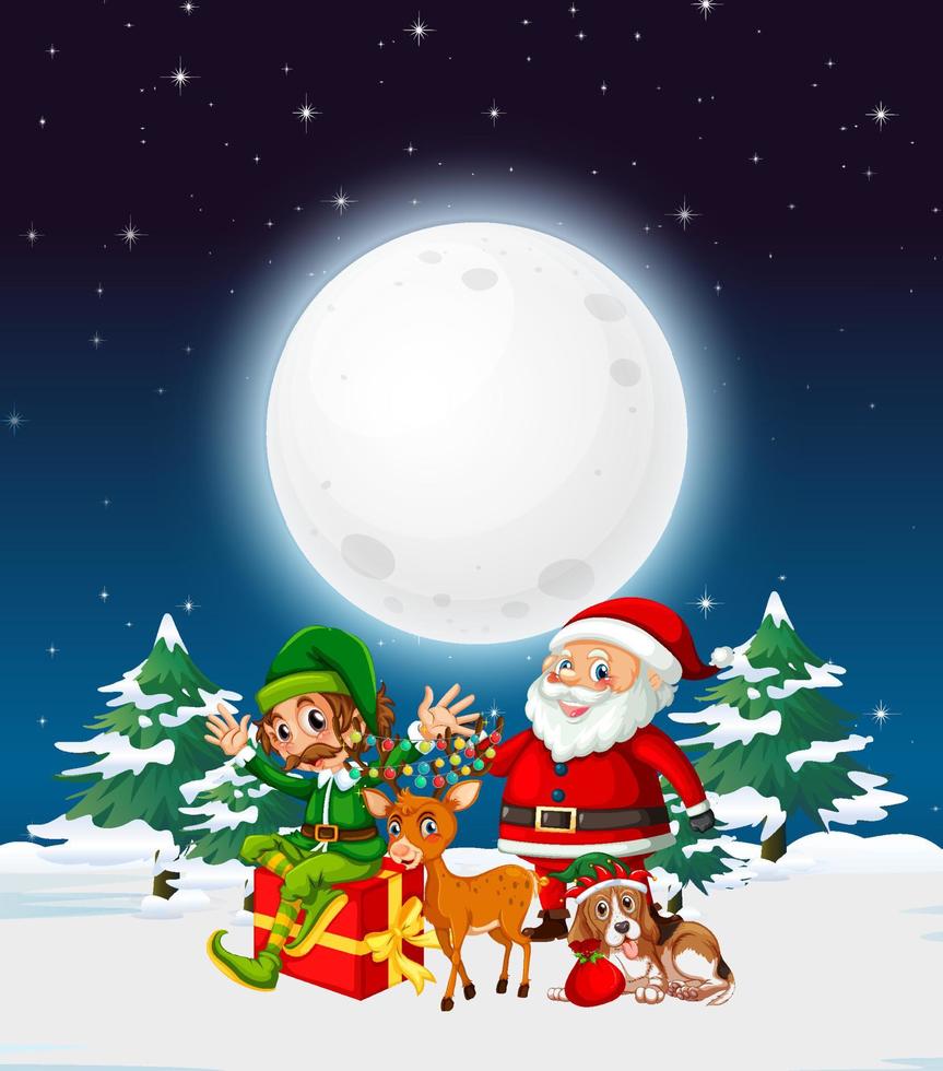 Snowy winter night with Santa Claus and elf vector