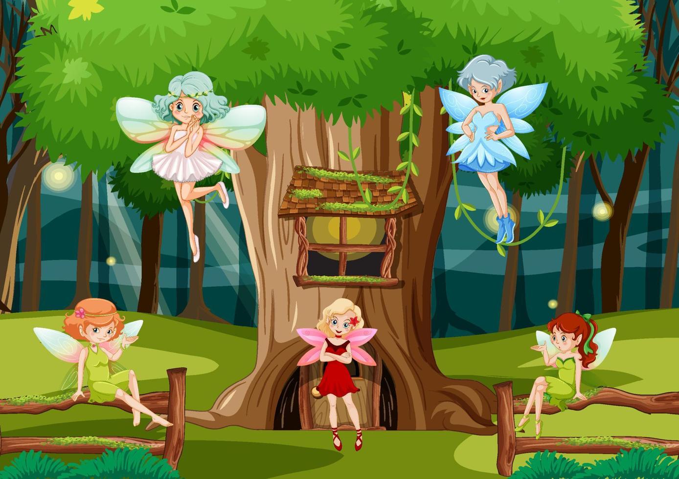 Fantasy forest with cute fairies vector