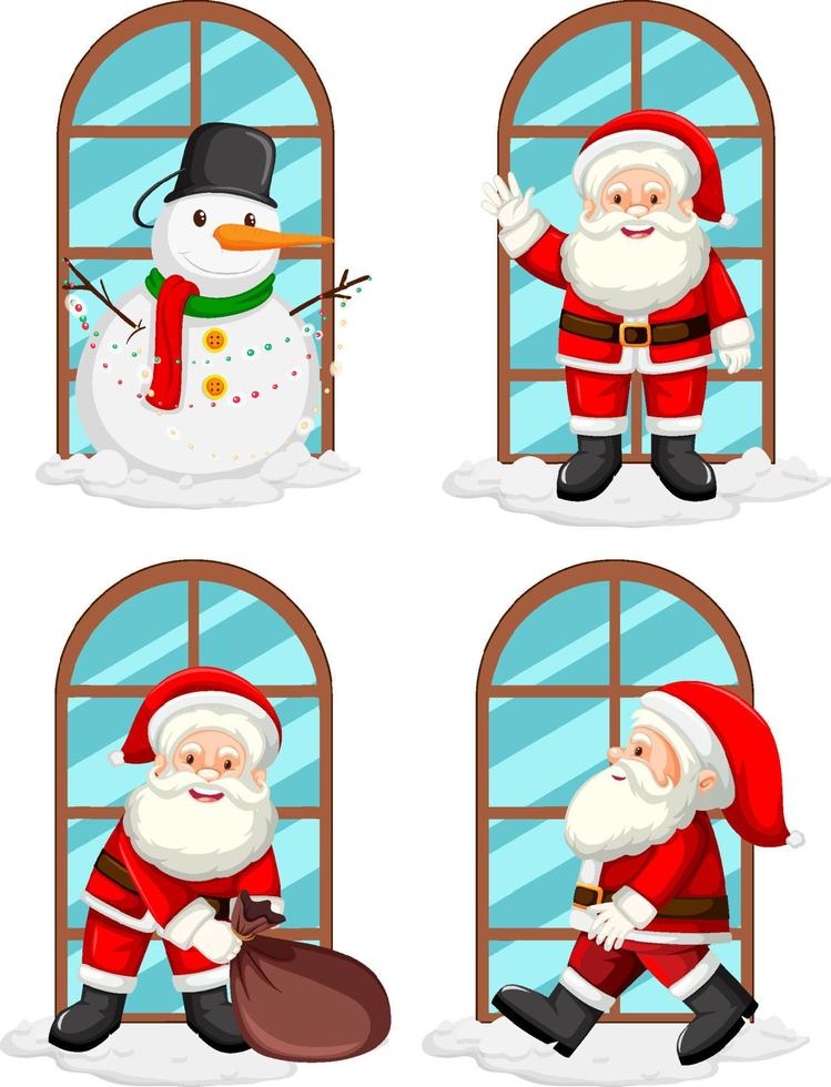 conjunto de santa y muñeco de nieve junto a la ventana de cristal vector