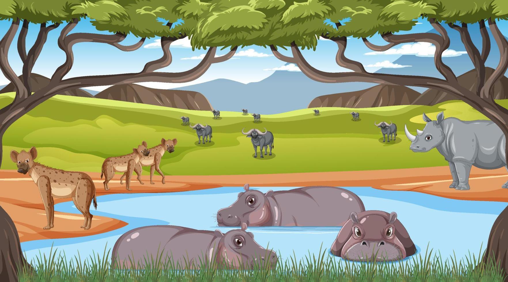 Wild animals in savanna forest landscape vector