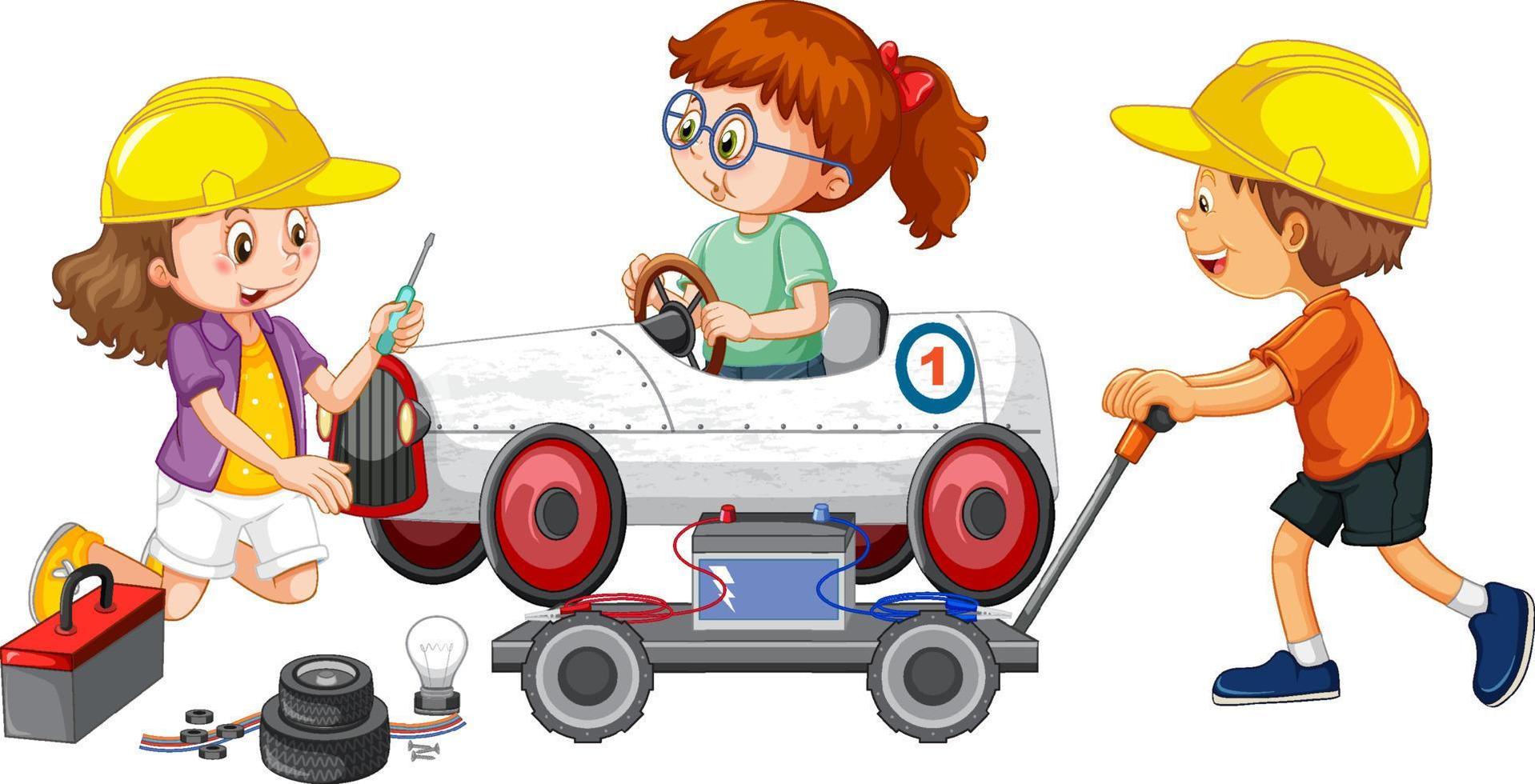 Children repairing a car together vector