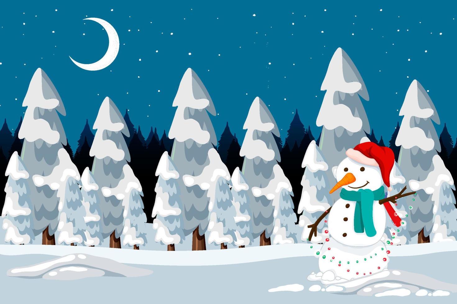 Christmas snowman in the snow at night scene vector