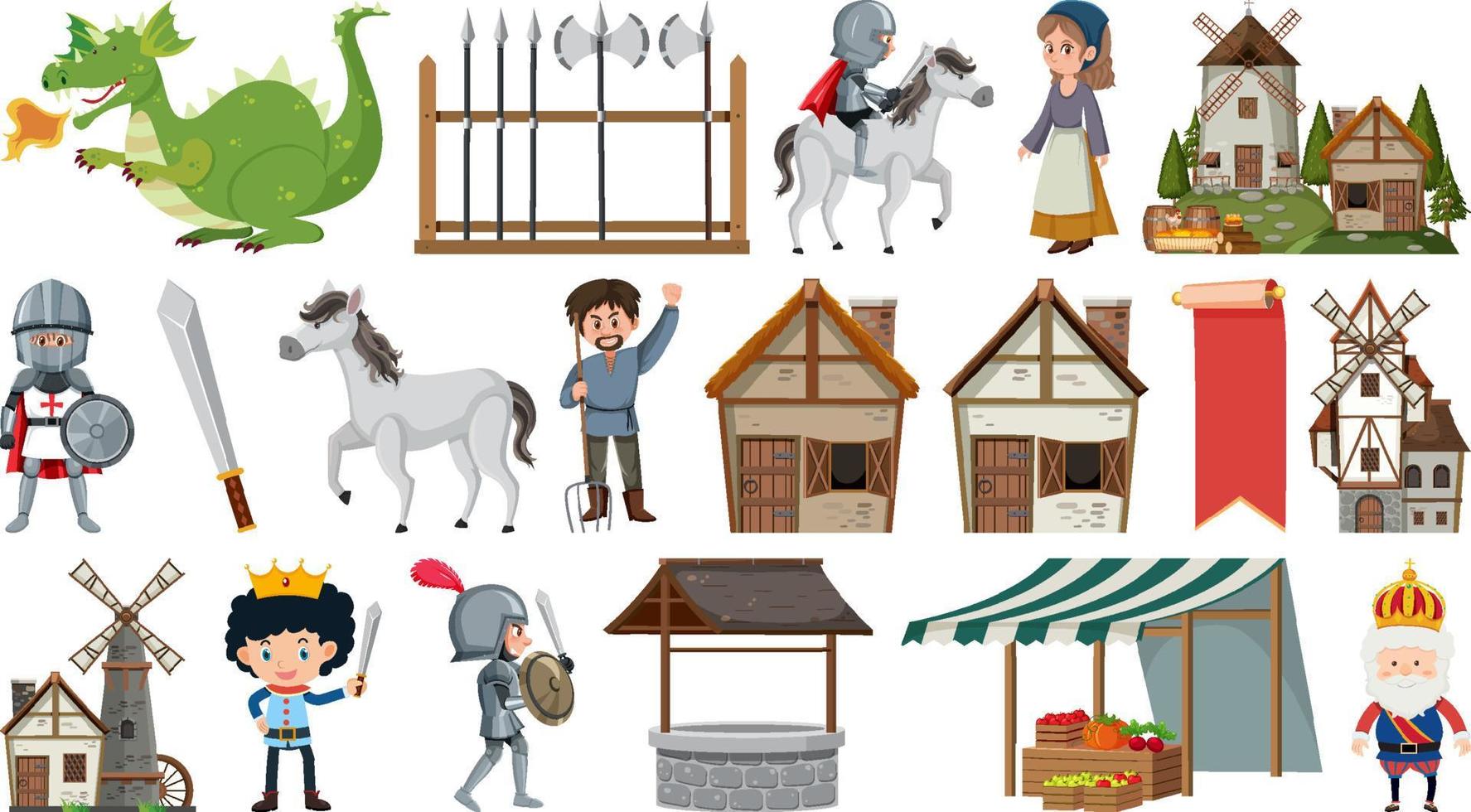 Set of fantasy cartoon characters and elements vector