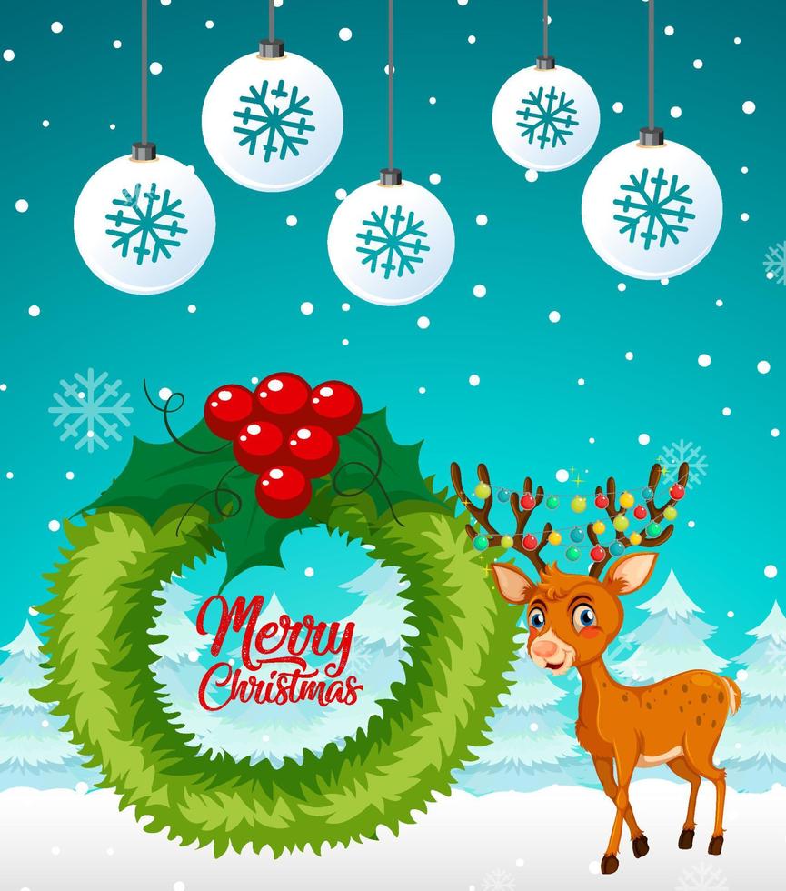 Reindeer and Christmas wreath on snowy background vector