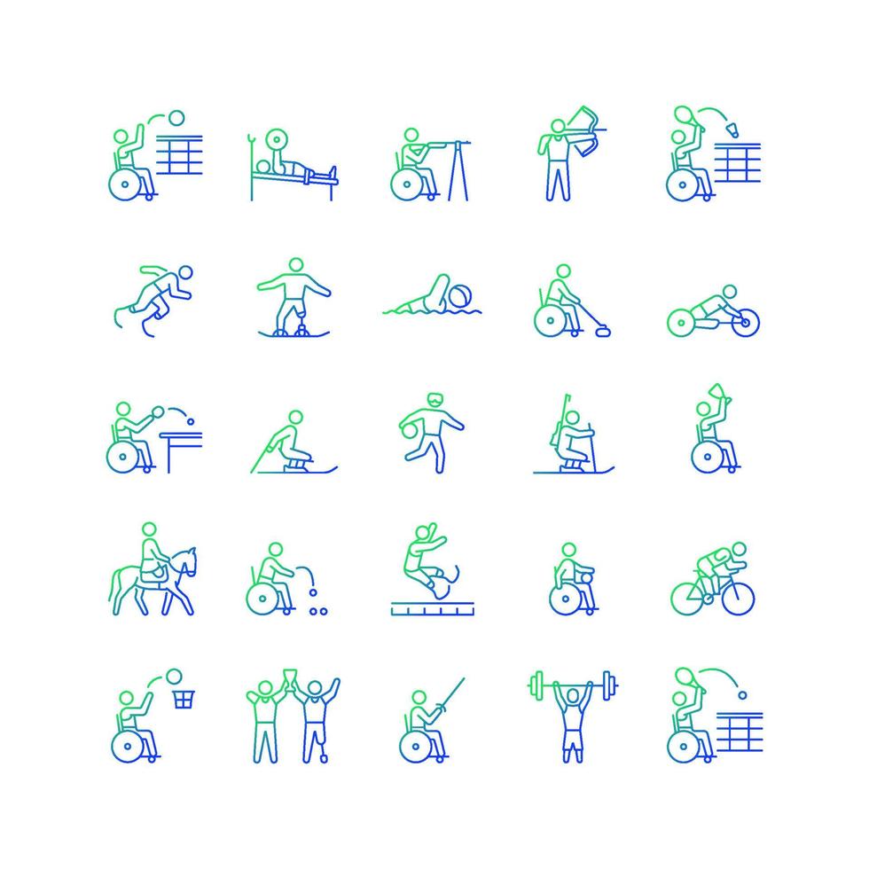 Sport competition gradient linear vector icons set. Professional competitive event. Athletes with disability. Thin line contour symbols bundle. Isolated outline illustrations collection collection