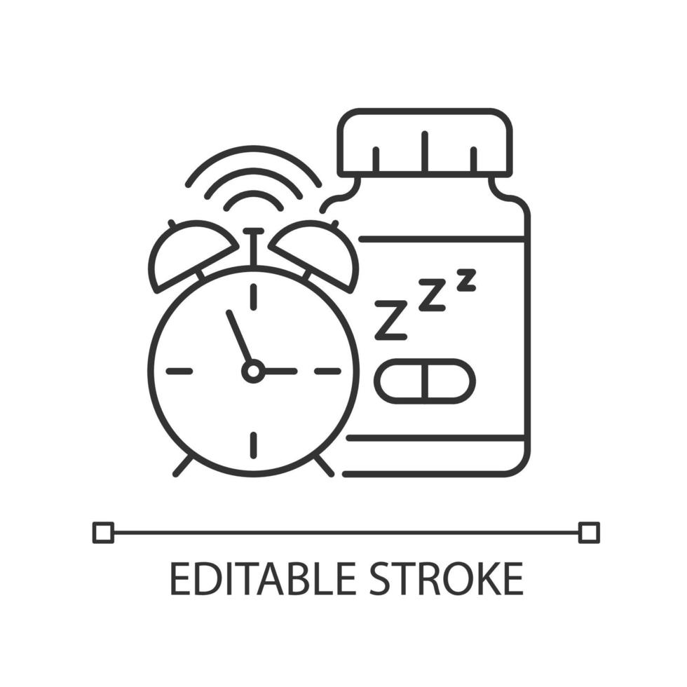 Supplements for insomnia linear icon. Sleep deprivation medication. Pills to fall asleep. Thin line customizable illustration. Contour symbol. Vector isolated outline drawing. Editable stroke