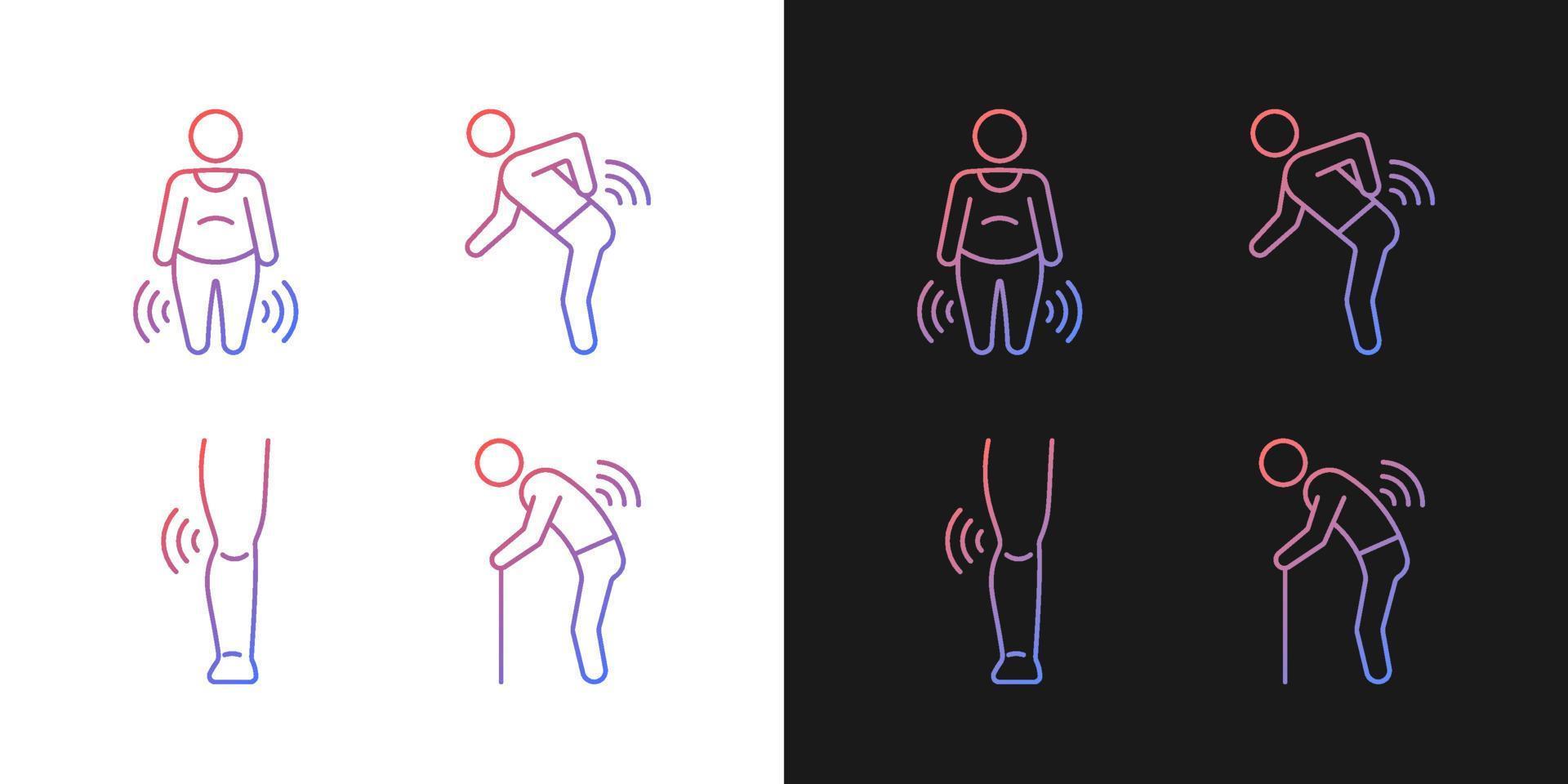 Elderly patients with arthritis gradient icons set for dark and light mode. Back rheumatism. Thin line contour symbols bundle. Isolated vector outline illustrations collection on black and white
