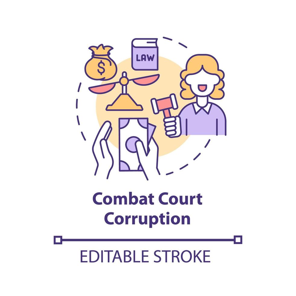 Combat court corruption concept icon. Corrupt judicial system abstract idea thin line illustration. Bribery and political interference. Vector isolated outline color drawing. Editable stroke