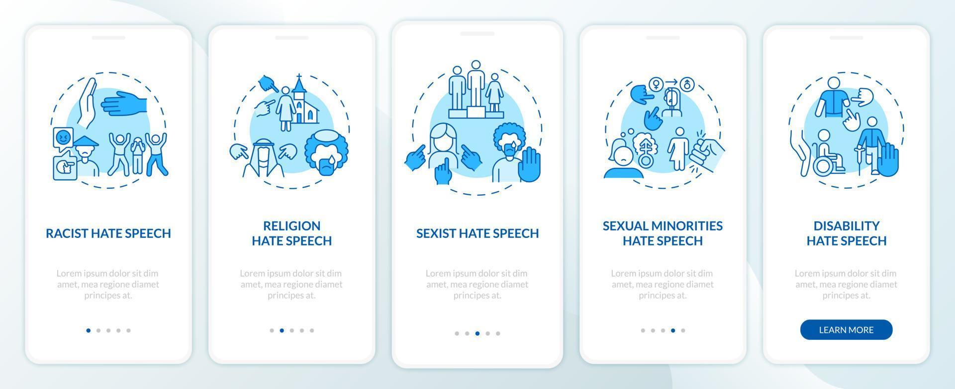 Hate crime against onboarding mobile app page screen. Religion and ethnicity walkthrough 5 steps graphic instructions with concepts. UI, UX, GUI vector template with linear color illustrations
