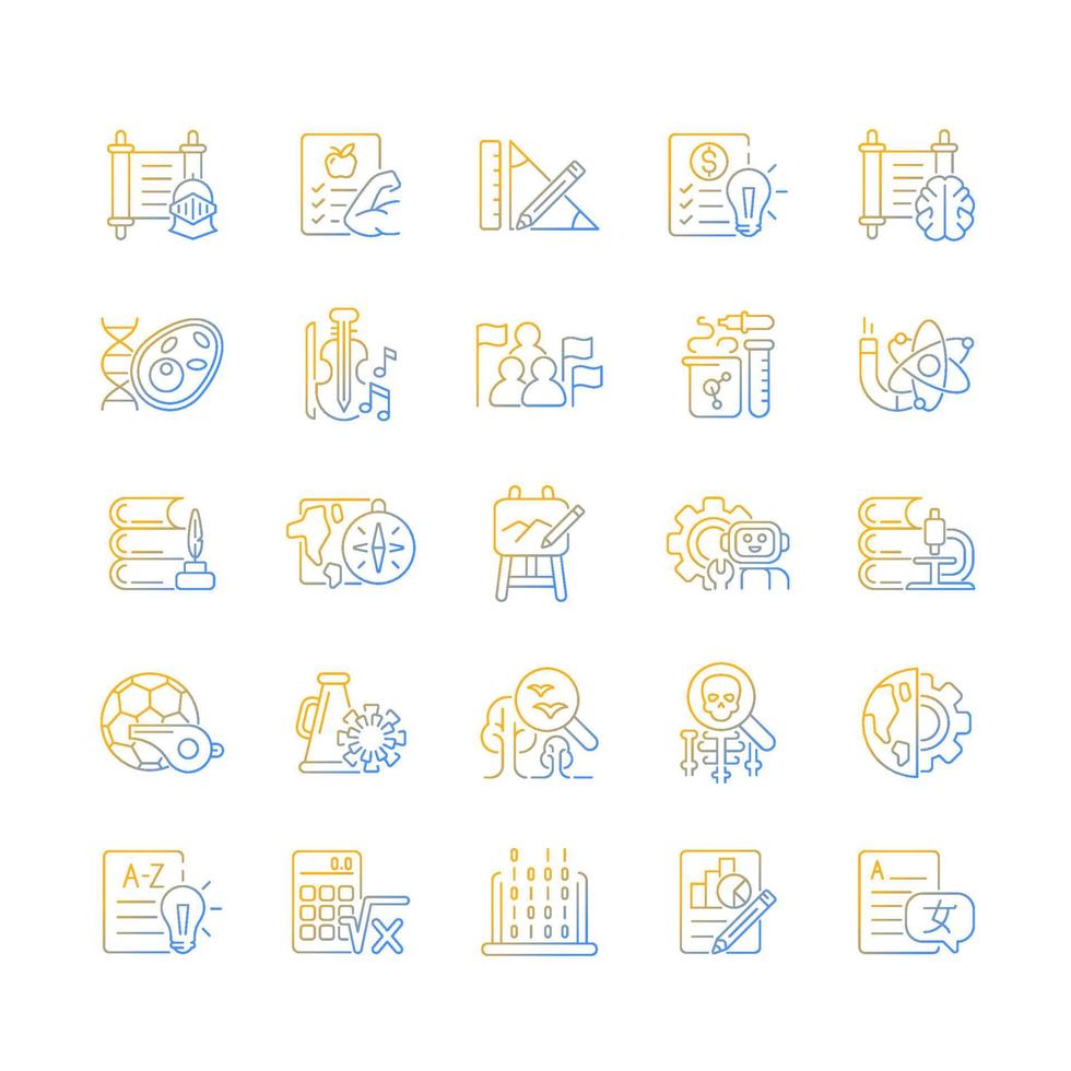 School subjects gradient linear vector icons set. Humanities and applied sciences learning. Physical education. Thin line contour symbols bundle. Isolated outline illustrations collection